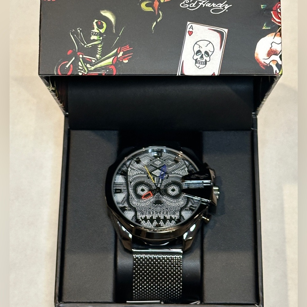 NEW Mens Stainless Steel Mesh Band Ed Hardy Watch - Picture 2 of 2